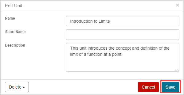 The Save button is highlighted in the Edit Unit dialog.